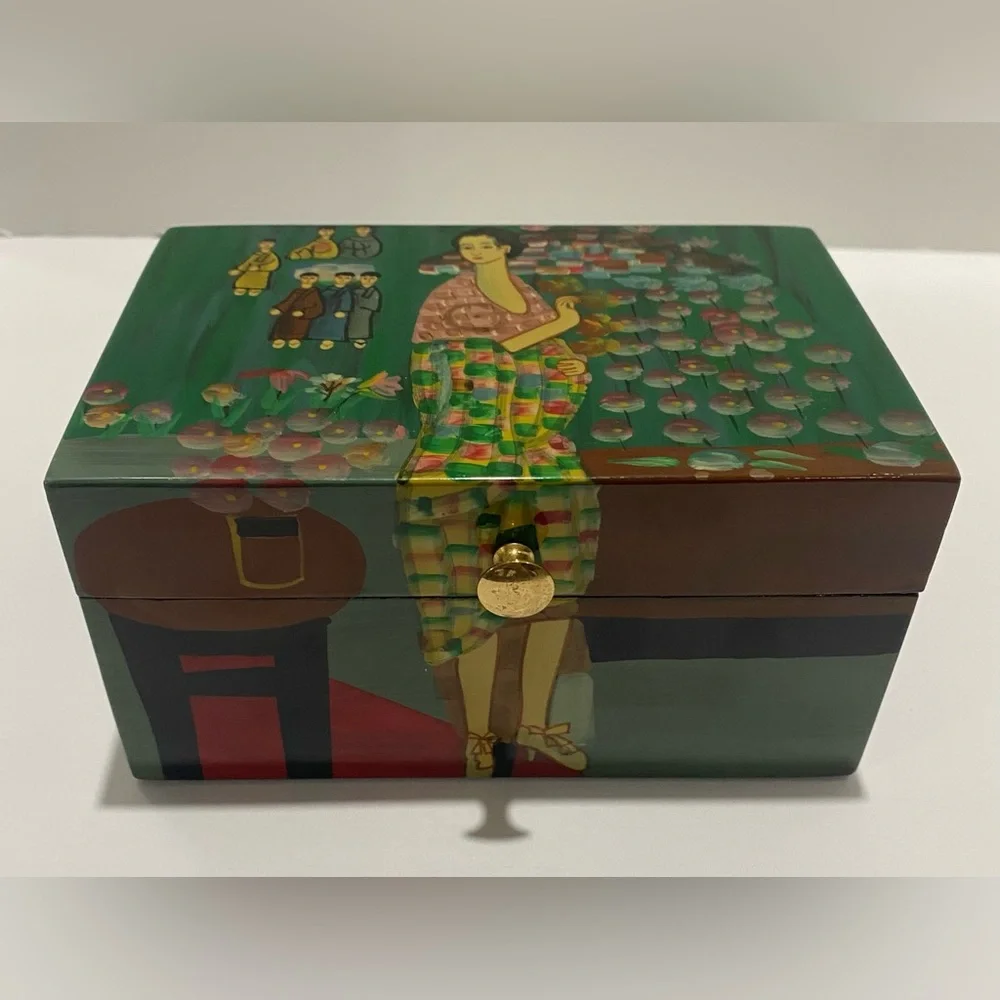 Asian Hand-Painted Lacquer Wood Box Jewelry Japanese Chinese Oriental Hinge Lid